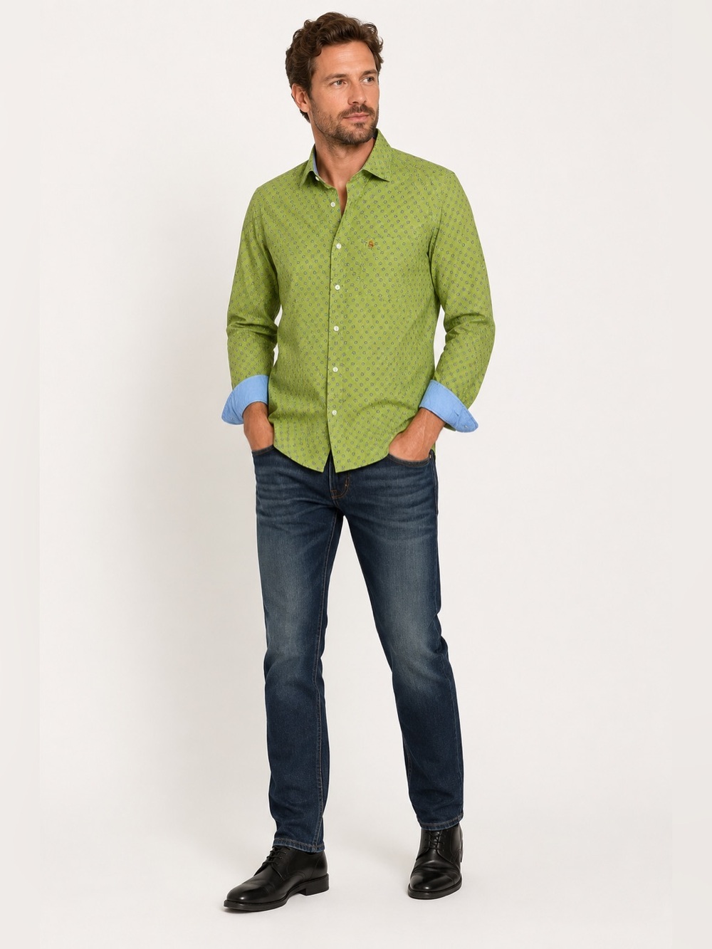 Z3 Maple Leaf Print Green Cotton Relaxed Fit Button-Down Shirt Men's Size 15.5